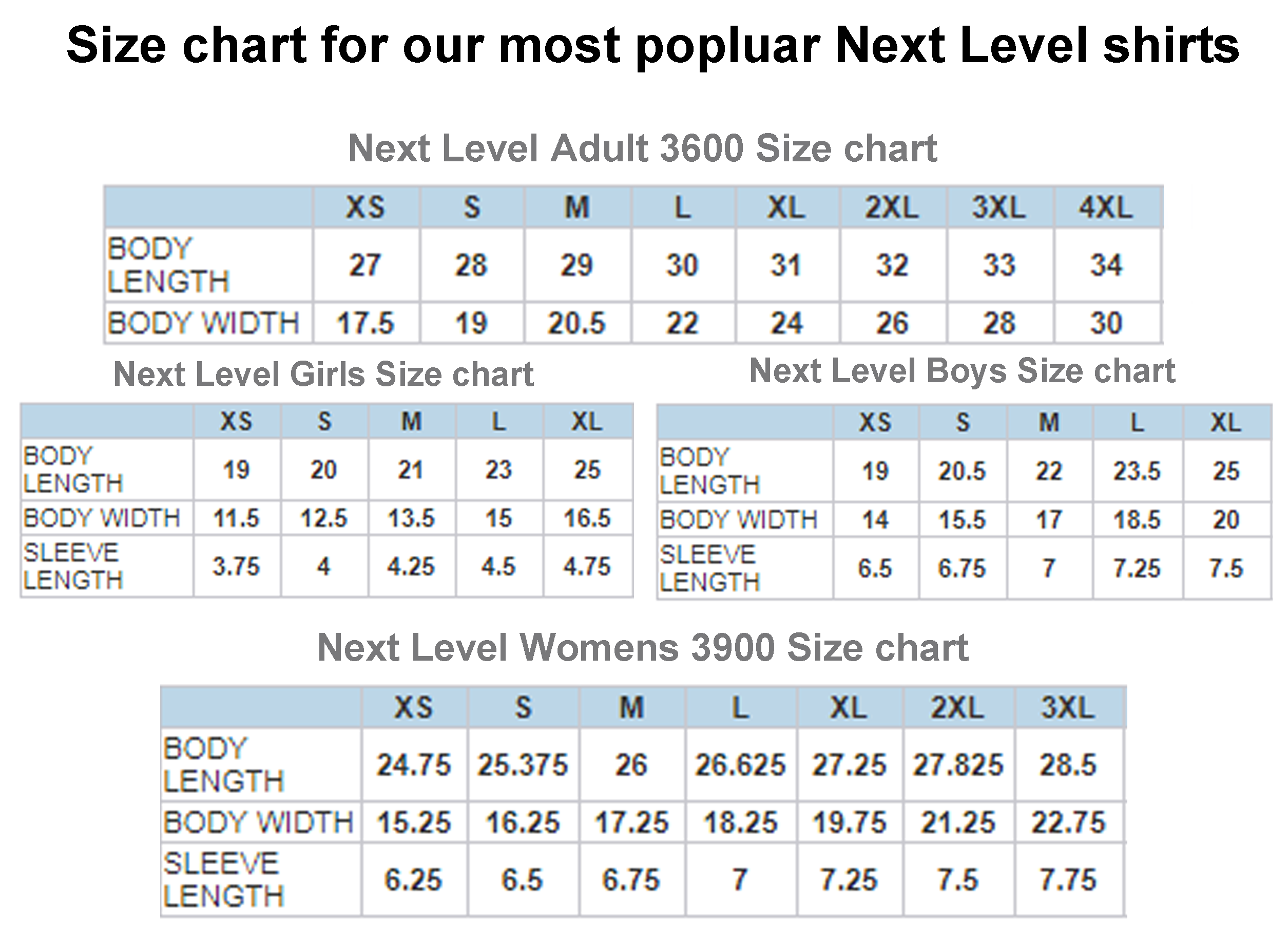 Next Level Shirt Size Chart